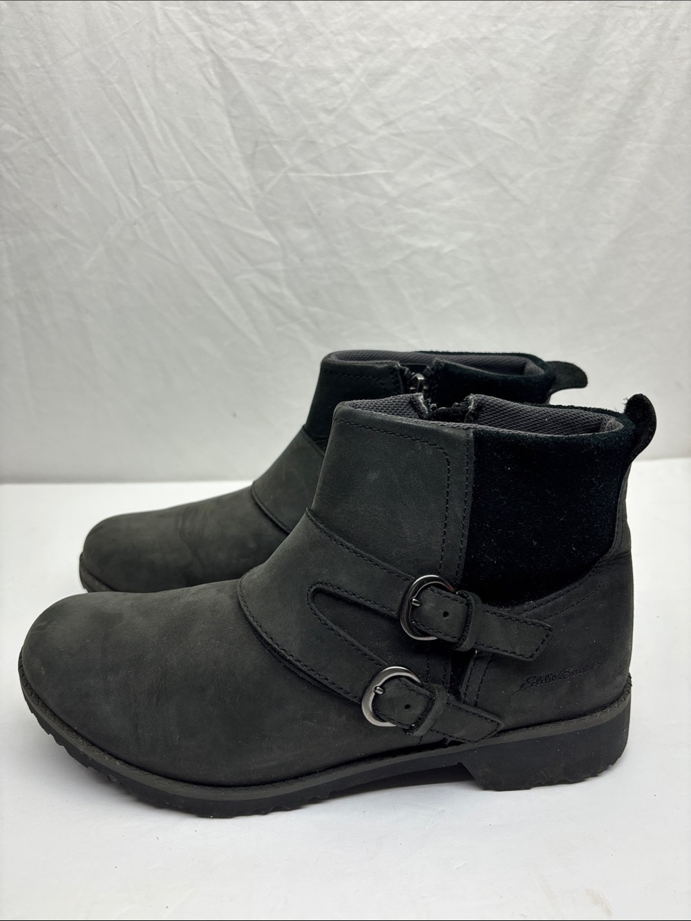 Eddie Bauer Black Ankle Buckle Boots, SZ 8, box 52